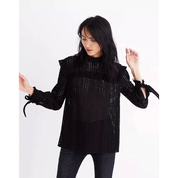 Madewell Black Eyelet Ruffle Mock Neck Long Sleeve Frilly Tie Back Blouse Top XS - Picture 1 of 7